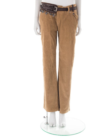 F/W 2005 camel corduroy pants with maxi leather belt