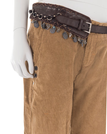 F/W 2005 camel corduroy pants with maxi leather belt