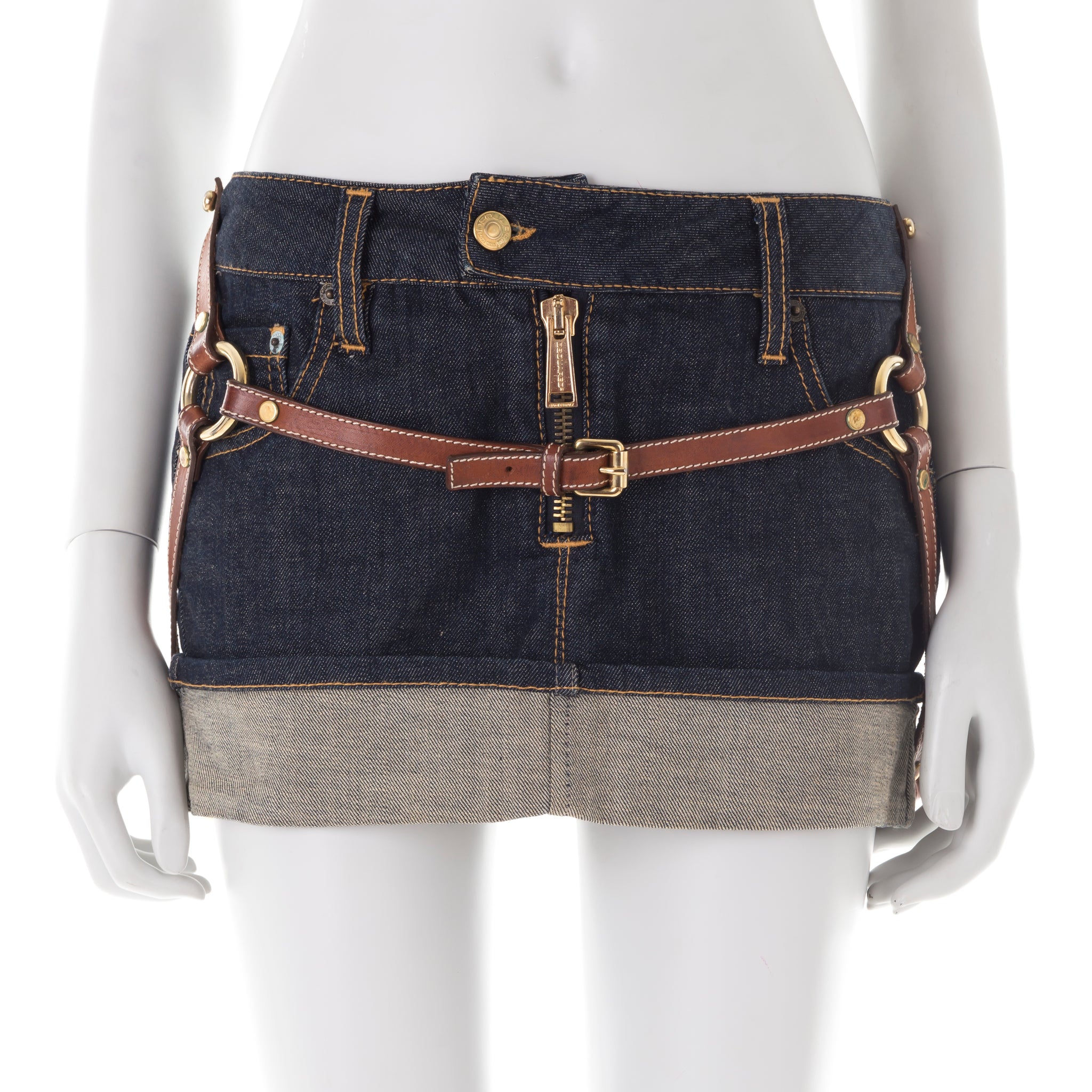 F/W 2003 bondage mini skirt with brown leather straps